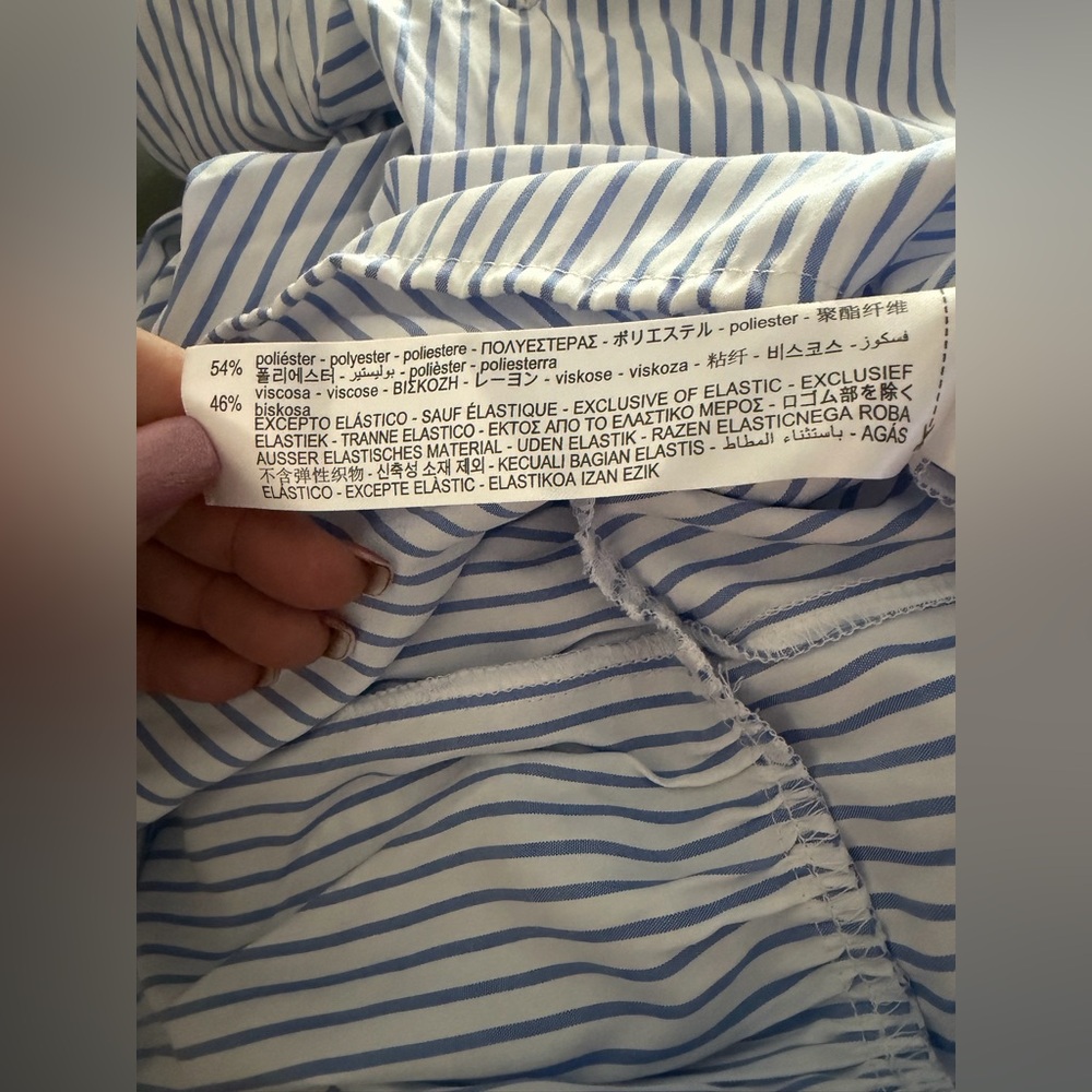 Zara NWOT Women’s Blue & White Vertical Striped Tiered Mini Dress, Size Large. - Picture 6 of 11